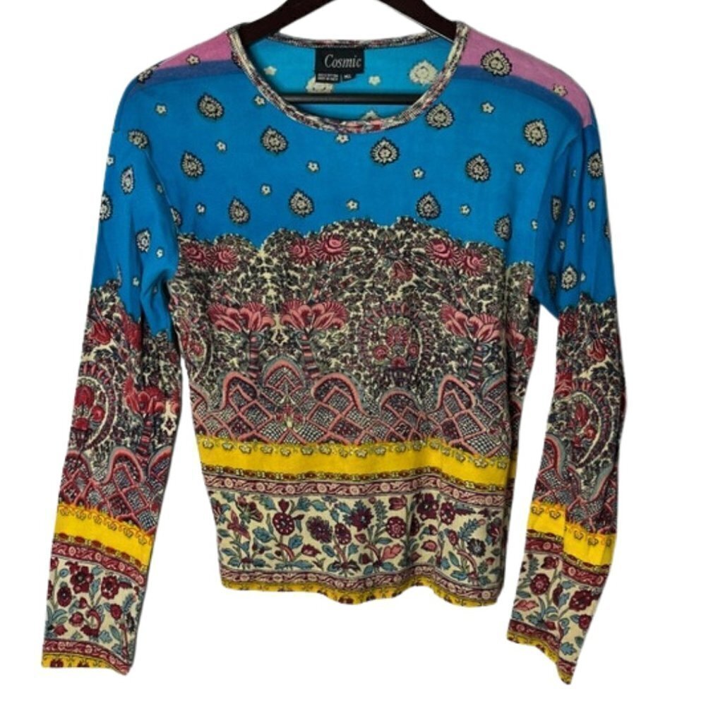 Y2K 90's 2000's AOP Long Sleeve Beaded Made in India Size M/L Tee